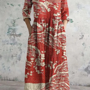 Women Floral Spring/Fall Dress V Neck Long Sleeve T-Shirt Dress A-Line Dress, Dresses, color:Red|size:4XL, catalog Noracora shop