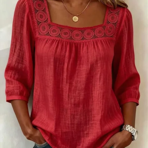 Square Neck Half Sleeve Plain Regular Loose Blouse For Women, Blouses, color:Red|size:3XL, catalog Noracora shop
