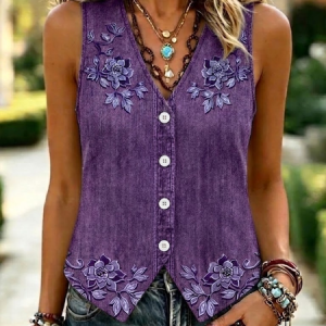 Regular Fit Floral Casual V Neck Vest, Vest, color:Purple|size:4XL, catalog Noracora shop