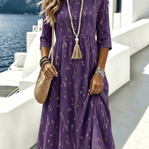 Women Leaf Spring/Fall Dress Crew Neck Three Quarter Sleeve A-Line Dress, Dresses, color:Purple|size:4XL, catalog Noracora shop