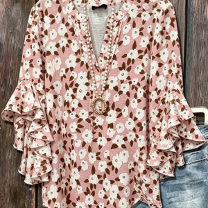 V Neck Half Sleeve Floral Regular Loose Blouse For Women, Blouses, color:Pink|size:5XL, catalog Noracora shop