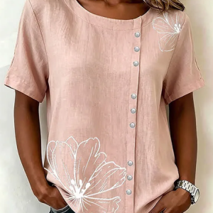 Crew Neck Short Sleeve Floral Printing Regular Micro-Elasticity Loose Shirt For Women, T-shirts, color:Dusty Pink|size:4XL, catalog Noracora shop