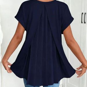 V Neck Short Sleeve Plain Regular Regular Fit Blouse For Women, Blouses, color:Navyblue|size:3XL, catalog Noracora shop