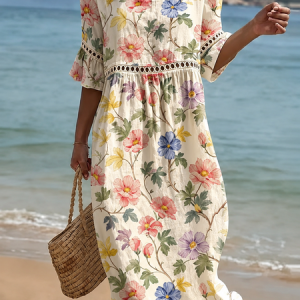 Women Striped Summer Dress Crew Neck Half Sleeve Classic A-Line Dress, Dresses, color:Floral-yellow green|size:3XL, catalog Noracora shop