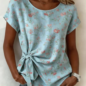 Crew Neck Short Sleeve Botanical Pattern Regular Loose Shirt For Women, T-shirts, color:Blue|size:4XL, catalog Noracora shop