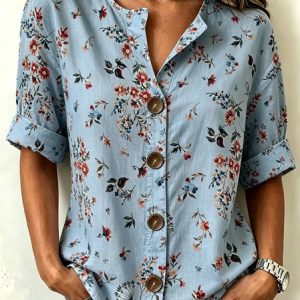 Stand Collar Three Quarter Sleeve Floral Regular Loose Shirt For Women, Shirts, color:Blue|size:5XL, catalog Noracora shop