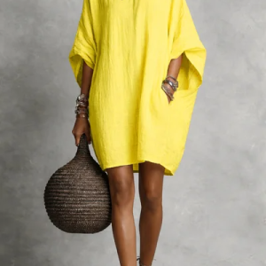 Women Plain Spring/Fall Dress Boat Neck Three Quarter Sleeve H-Line Dress, Dresses, color:Yellow|size:5XL, catalog Noracora shop