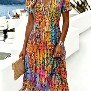 Women Abstract Summer Dress V Neck Short Sleeve A-Line Dress, Dresses, color:As Picture|size:4XL, catalog Noracora shop
