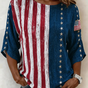 Crew Neck Half Sleeve Independence Day (Flag) Printing Regular Micro-Elasticity Regular Fit Blouse For Women, Blouses, color:As Picture|size:5XL, catalog Noracora shop