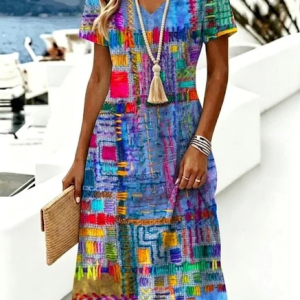 Women Abstract Graphic Summer Dress V Neck Short Sleeve A-Line Dress, Dresses, color:As Picture|size:4XL, catalog Noracora shop