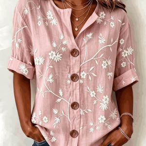 V Neck Three Quarter Sleeve Floral Regular Loose Shirt For Women, Shirts, color:Light Pink|size:5XL, catalog Noracora shop