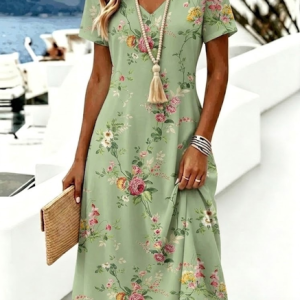 Women Floral Summer Dress V Neck Short Sleeve A-Line Dress, Dresses, color:Green|size:5XL, catalog Noracora shop