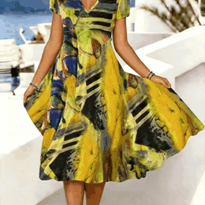 Women Random Print Summer Dress V Neck Short Sleeve A-Line Dress, Dresses, color:Yellow|size:4XL, catalog Noracora shop