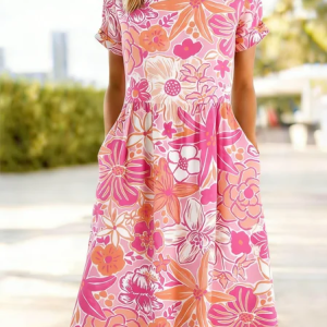 Women Floral Summer Dress Crew Neck Short Sleeve Fit & Flare Dress A-Line Dress, Dresses, color:Pink|size:4XL, catalog Noracora shop