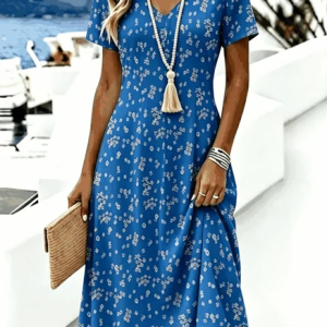 Women Floral Summer Dress V Neck Short Sleeve A-Line Dress, Dresses, color:Blue|size:4XL, catalog Noracora shop