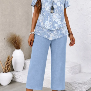 Women Floral Two-Piece Set Daily Short Sleeve Casual Summer Top With Skirt Matching Set, Sets, color:Light Blue|size:5XL, catalog Noracora shop