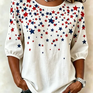 Independence Day Crew Neck Half Sleeve Star Printing Regular Blouse For Women, Blouses, color:White|size:5XL, catalog Noracora shop