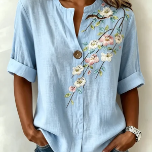 V Neck Half Sleeve Floral Regular Loose Shirt For Women, Blouses, color:Blue|size:5XL, catalog Noracora shop