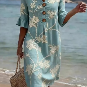 Women Floral Summer Dress V Neck Half Sleeve Fit & Flare Dress A-Line Dress, Dresses, color:As Picture|size:3XL, catalog Noracora shop