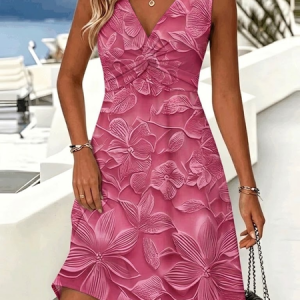 Women Floral Summer Dress V Neck Sleeveless Tank A-Line Dress, Dresses, color:Rose Red|size:4XL, catalog Noracora shop