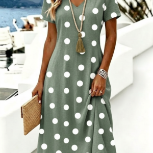 Women Polka Dots Summer Dress V Neck Short Sleeve A-Line Dress, Dresses, color:Sage Green|size:5XL, catalog Noracora shop