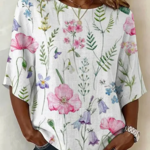 Crew Neck Half Sleeve Floral Printing Regular Micro-Elasticity Regular Fit Blouse For Women, Blouses, color:White|size:5XL, catalog Noracora shop