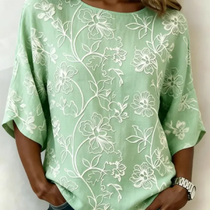 Crew Neck Half Sleeve Floral Printing Regular Micro-Elasticity Regular Fit Blouse For Women, Blouses, color:Green|size:5XL, catalog Noracora shop