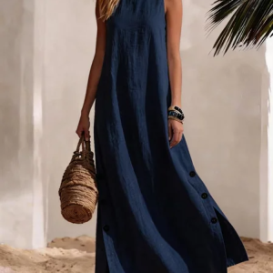 Women Color Block Summer Buttoned Dress Mock Neck Sleeveless Tank A-Line Dress, Dresses, color:Navyblue|size:XXL, catalog Noracora shop