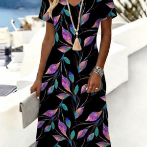 Women Leaf Summer Dress V Neck Short Sleeve A-Line Dress, Dresses, color:As Picture|size:4XL, catalog Noracora shop