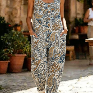 Women Paisley Crew Neck Sleeveless Vintage Summer Cotton And Linen Jumpsuit, Jumpsuits&Rompers, color:As Picture|size:5XL, catalog Noracora shop