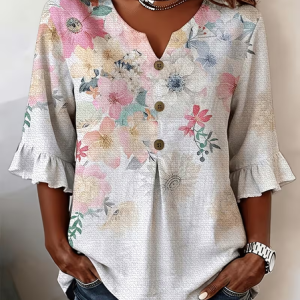 V Neck Half Sleeve Floral Peplum Regular Micro-Elasticity Regular Fit Blouse For Women, Blouses, color:As Picture|size:4XL, catalog Noracora shop
