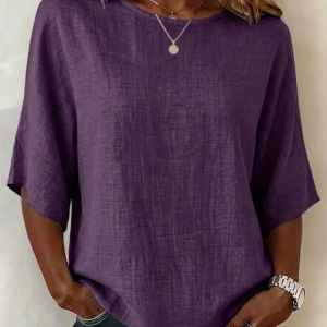 Crew Neck Half Sleeve Plain Printing Regular Micro-Elasticity Regular Fit Blouse For Women, Blouses, color:Purple|size:5XL, catalog Noracora shop