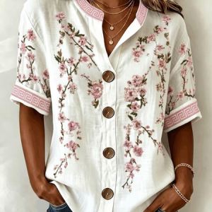 V Neck Three Quarter Sleeve Floral Regular Loose Shirt For Women, Shirts, color:Color2|size:5XL, catalog Noracora shop