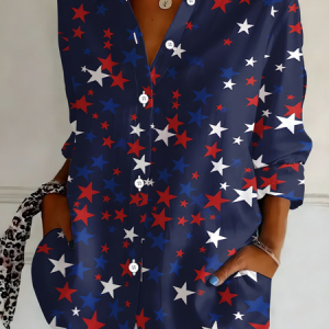 Shirt Collar Regular Sleeve Long Sleeve Star Buckle Regular Loose Button Up Shirt Shirt For Women, Shirts, color:Navyblue|size:5XL, catalog Noracora shop