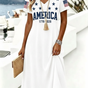 Women Text Letters Summer Dress V Neck Short Sleeve A-Line Dress, Dresses, color:White|size:4XL, catalog Noracora shop