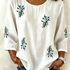 Crew Neck Half Sleeve Floral Lightweight Loose Shirt For Women, Blouses, color:White|size:5XL, catalog Noracora shop