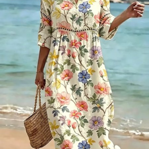 Women Striped Summer Dress Shirt Collar Half Sleeve Shirt Dress A-Line Dress, Dresses, color:Floral-yellow green|size:3XL, catalog Noracora shop