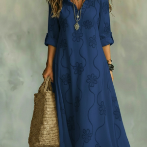 Women Floral Spring/Fall Dress V Neck Long Sleeve Fit & Flare Dress A-Line Dress, Dresses, color:Deep Blue|size:3XL, catalog Noracora shop
