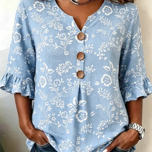 V Neck Half Sleeve Floral Regular Regular Fit Blouse For Women, Blouses, color:Light Blue|size:5XL, catalog Noracora shop