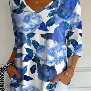 Casual Floral V Neck Three Quarter Sleeve T-shirt, T-shirts, color:Blue|size:5XL, catalog Noracora shop