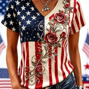 Vintage Floral V Neck Short Sleeve T-shirt, T-shirts, color:As Picture|size:5XL, catalog Noracora shop