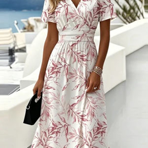 Women Leaf Summer Dress V Neck Short Sleeve Beach Dress A-Line Dress, Dresses, color:Red|size:4XL, catalog Noracora shop