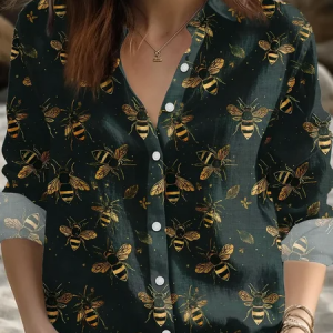 Shirt Collar Long Sleeve Animal Lightweight Regular Fit Shirt For Women, Shirts, color:Dark Green|size:XXL, catalog Noracora shop