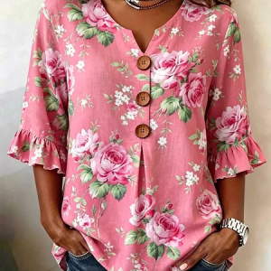 Half Sleeve Floral Lightweight Loose Shirt For Women, Blouses, color:Deep Pink|size:5XL, catalog Noracora shop
