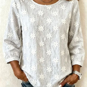 Crew Neck Half Sleeve Floral Printing Regular Micro-Elasticity Regular Fit Blouse For Women, Blouses, color:White|size:5XL, catalog Noracora shop