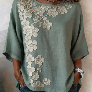 Crew Neck Half Sleeve Floral Printing Regular Micro-Elasticity Regular Fit Blouse For Women, Blouses, color:Green|size:5XL, catalog Noracora shop
