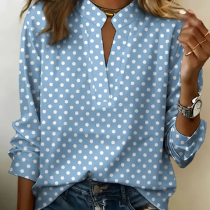 V Neck Long Sleeve Polka Dots Printing Regular Micro-Elasticity Regular Fit Blouse For Women, Blouses, color:Blue|size:3XL, catalog Noracora shop