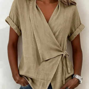 V Neck Short Sleeve Plain Regular Loose Blouse For Women, Blouses, color:Khaki|size:3XL, catalog Noracora shop
