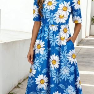 Women Floral Summer Dress Crew Neck Short Sleeve Fit & Flare Dress A-Line Dress, Dresses, color:Blue|size:4XL, catalog Noracora shop