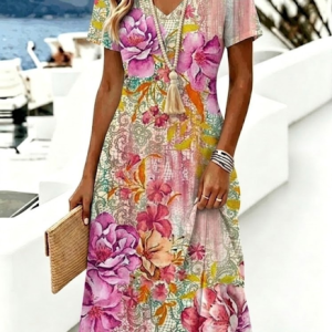 Women Floral Summer Dress V Neck Short Sleeve A-Line Dress, Dresses, color:Color2|size:4XL, catalog Noracora shop